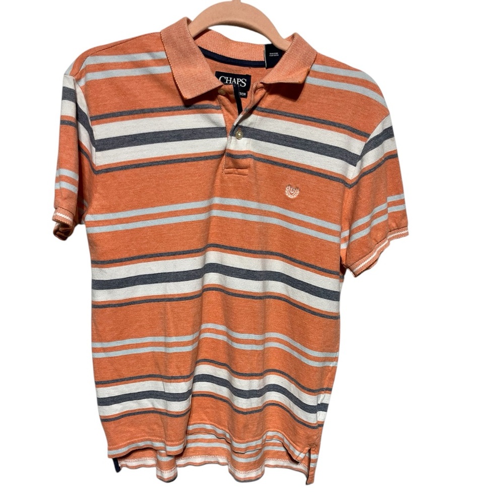CHAPS NATURAL STRETCH (S) MENS POLO‎ PEACH, BLUE/WHITE STRIP 100% COTTON